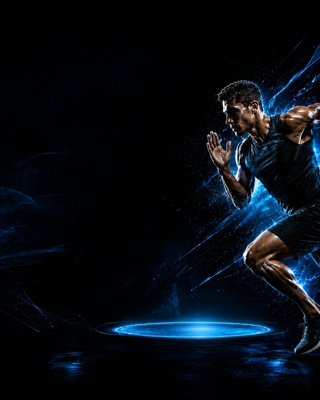 Athlete accelerating through an electric blue performance scene