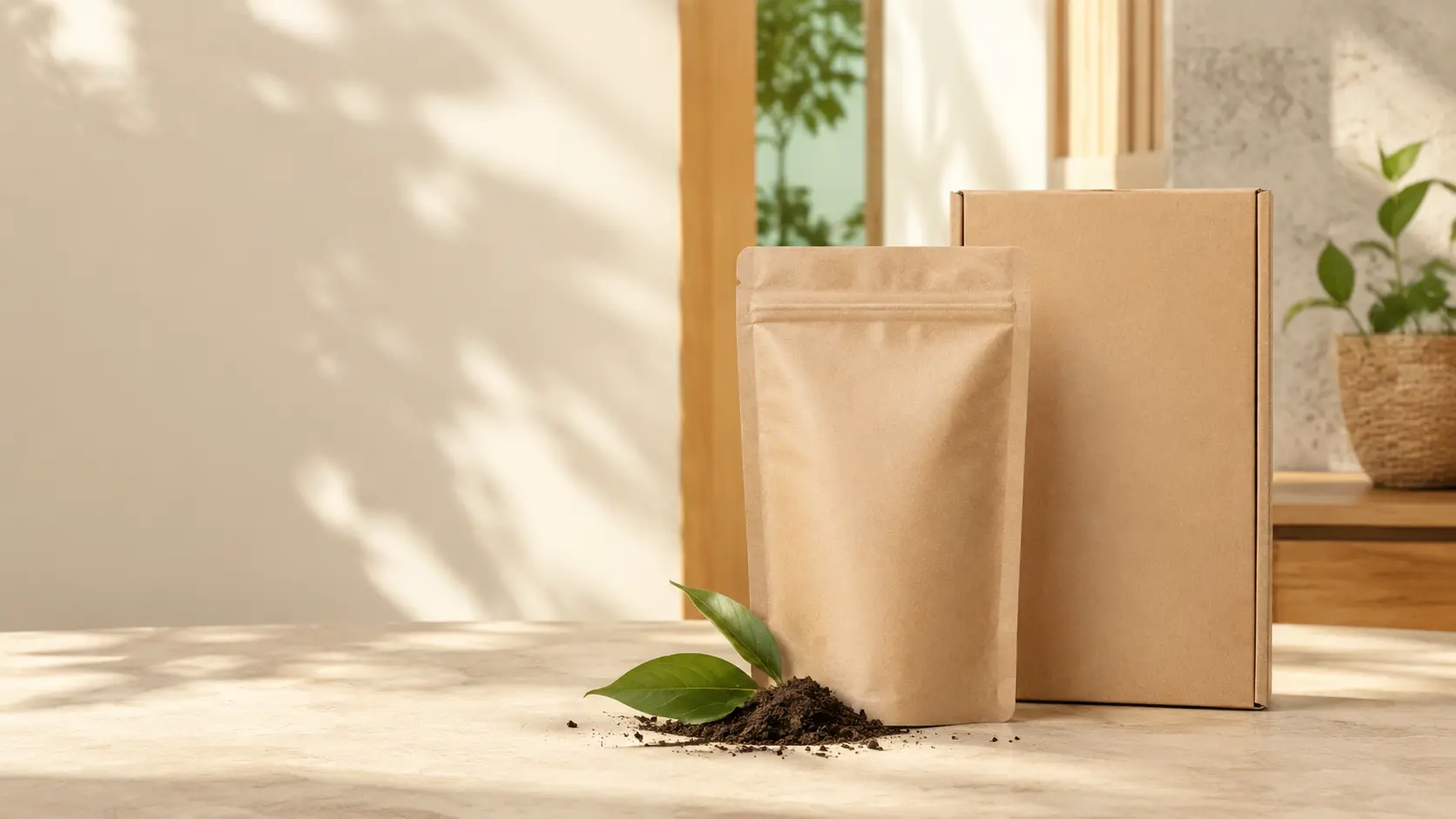 Compostable supplement pouch, kraft mailer, leaves and soil in a warm home setting