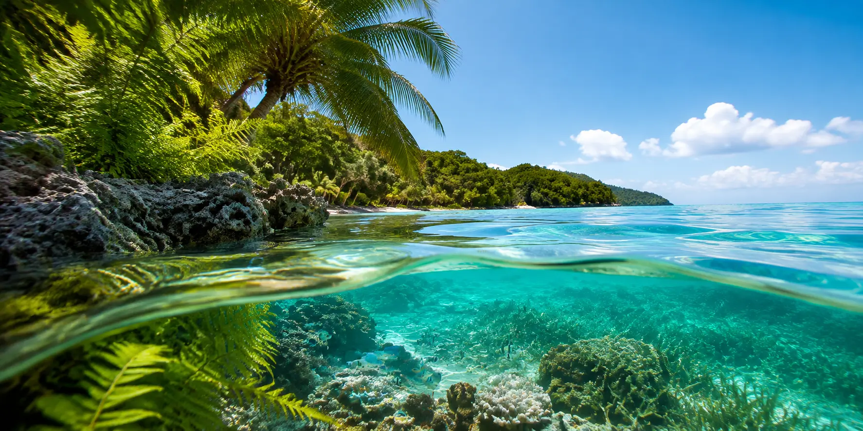 Bright tropical coastline with clear water, coral, seagrass and marine life