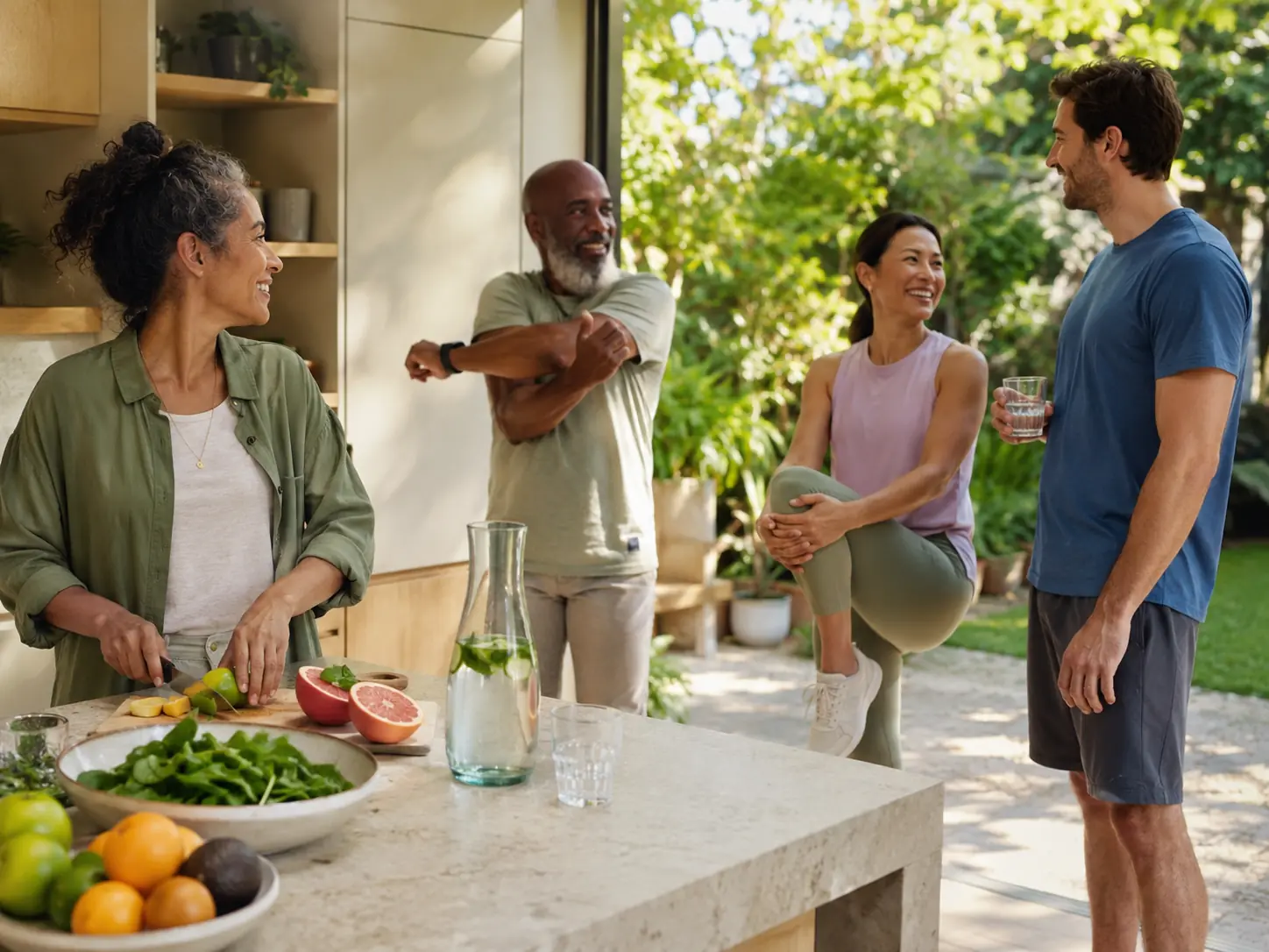 A diverse group enjoying healthy food and gentle exercise together