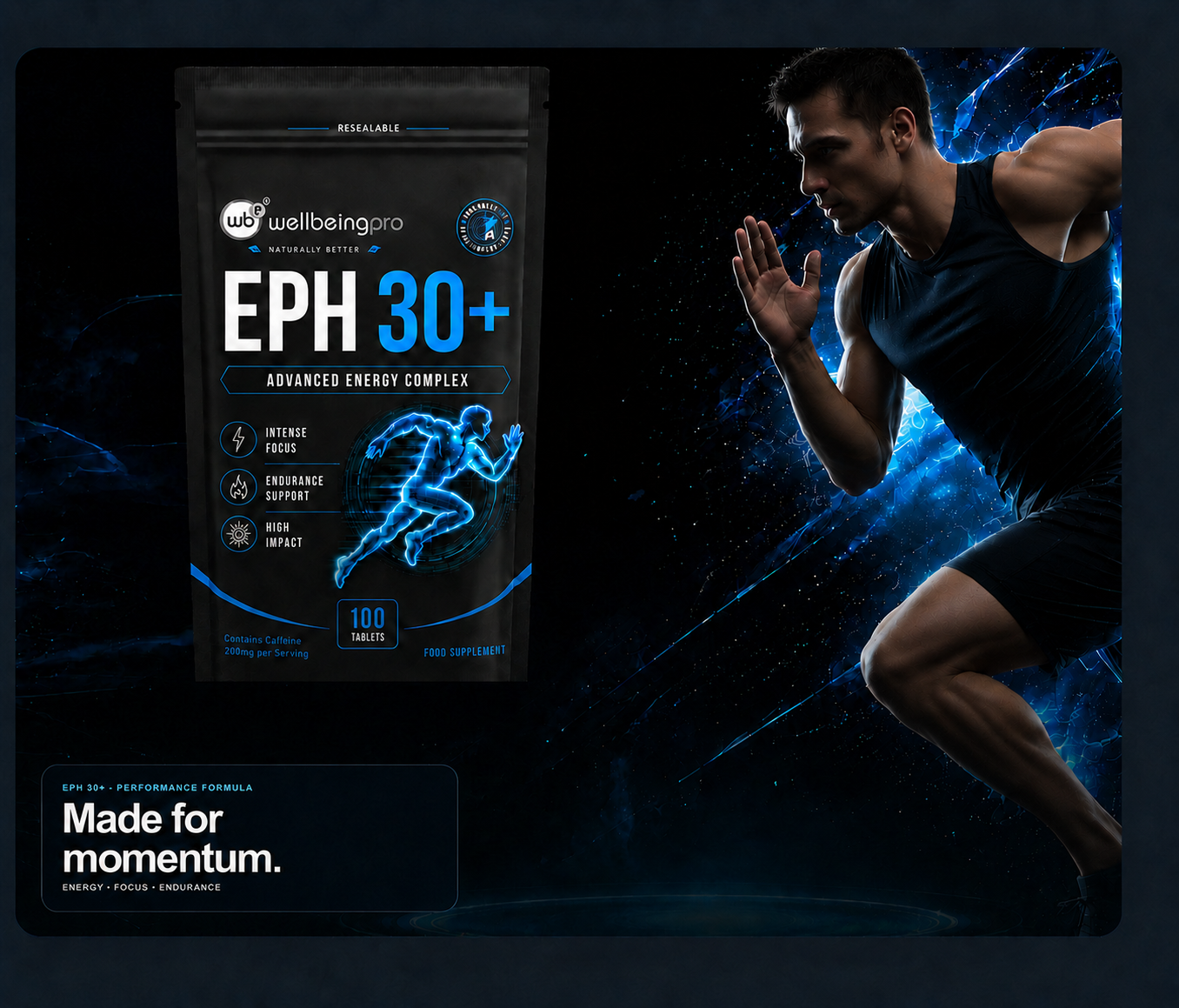 Athlete accelerating through an electric blue performance scene