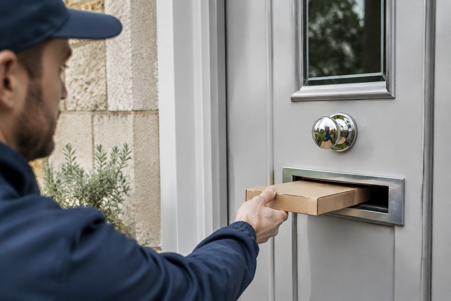 A compact parcel being delivered safely through a letterbox