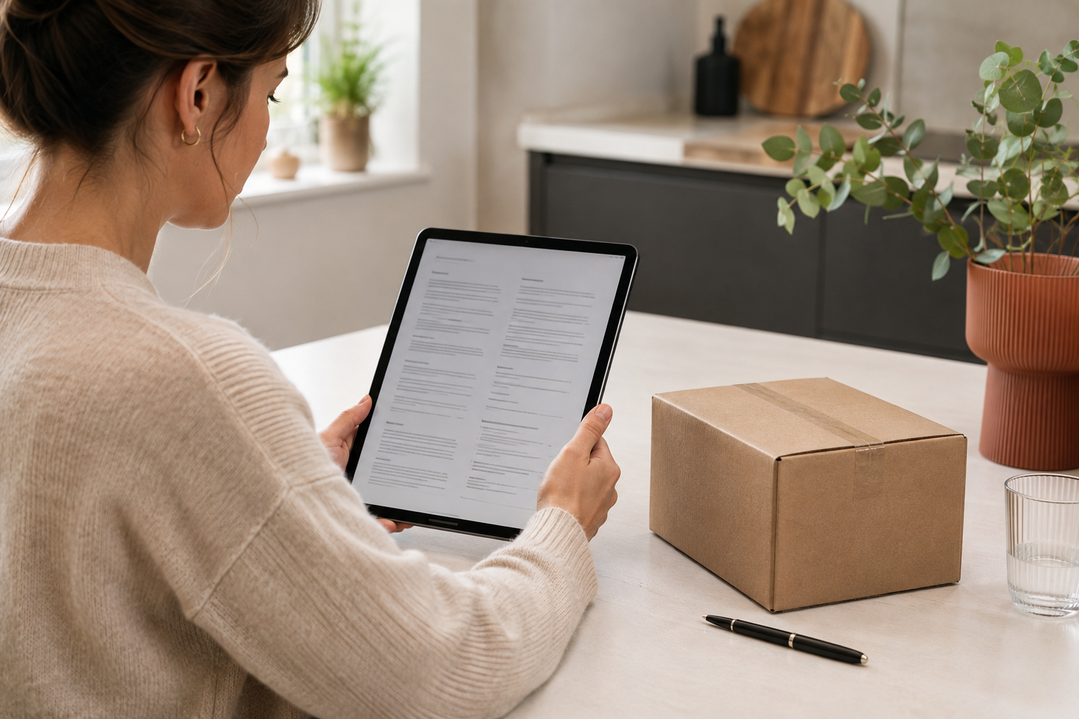 A customer reviewing clear purchase terms beside a delivered parcel