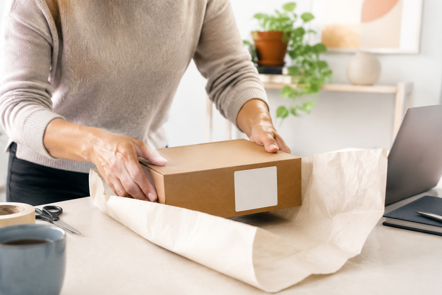 A customer carefully preparing a parcel for return