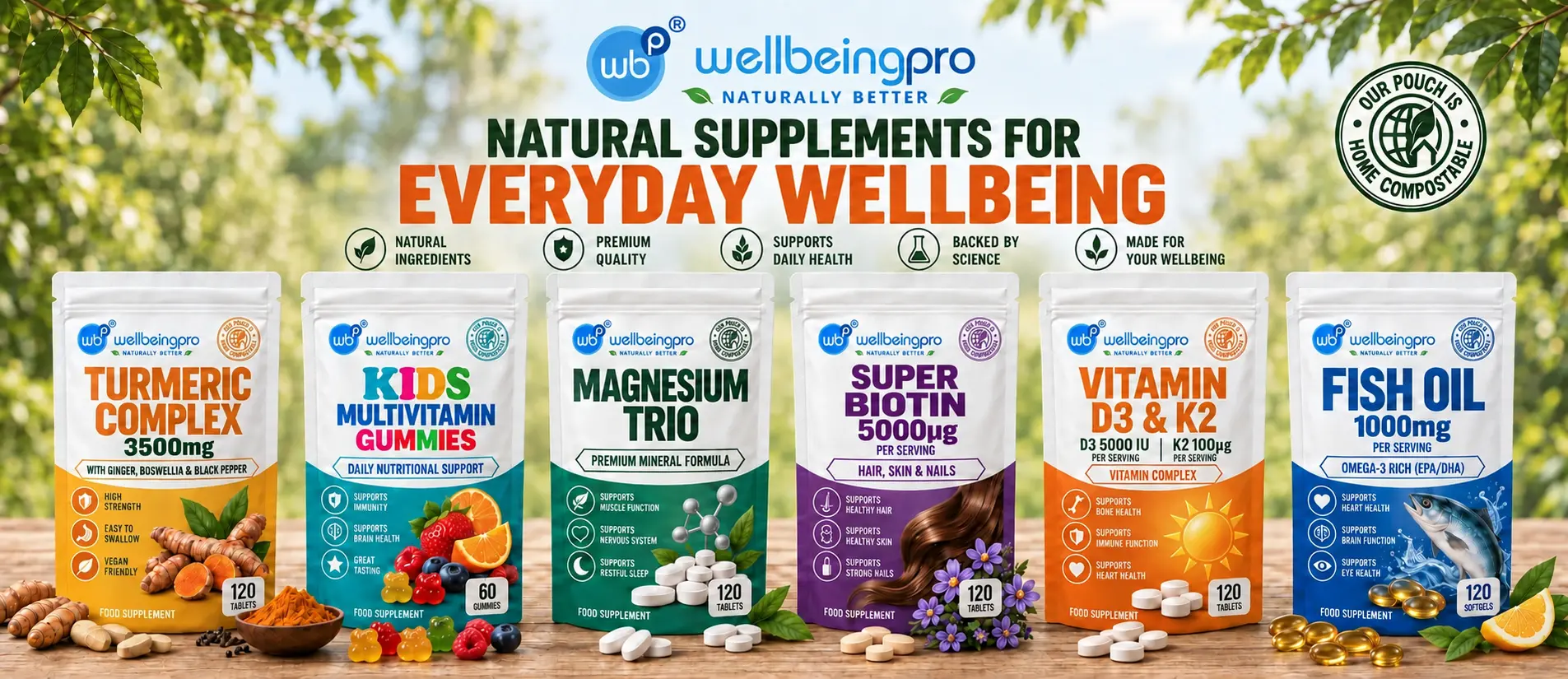 WellBeing Pro everyday wellbeing range: Turmeric Complex, Kids Multivitamin Gummies, MAGNESIUM TRIO, SUPER BIOTIN, Vitamin D3 and K2, and Fish Oil in home compostable pouches.