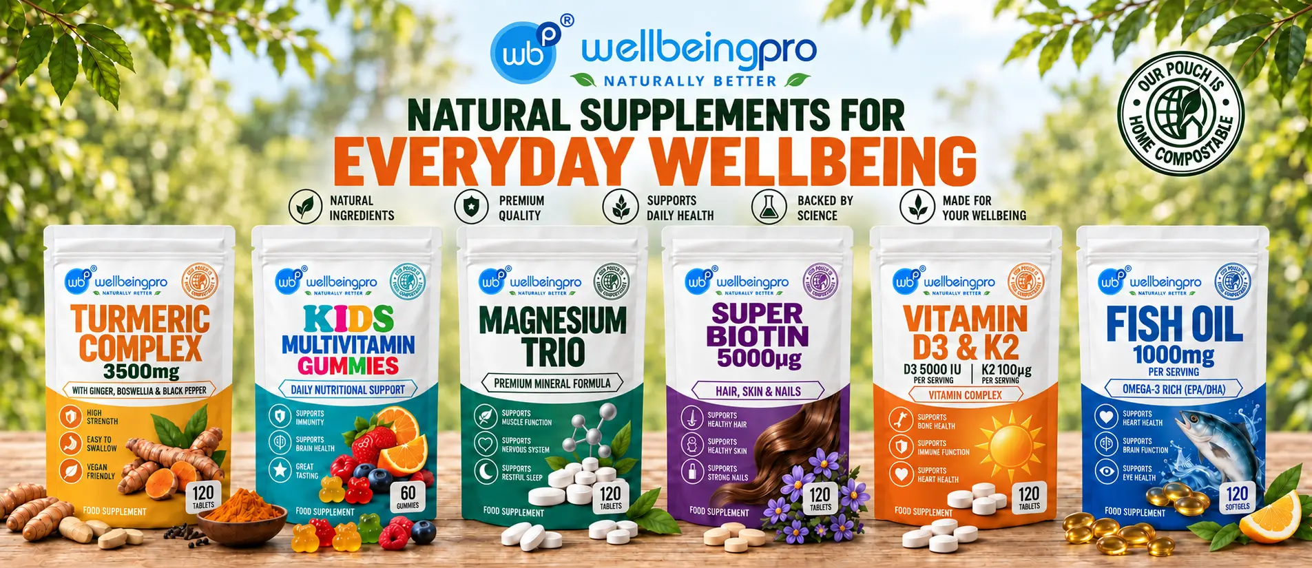WellBeing Pro everyday wellbeing range: Turmeric Complex, Kids Multivitamin Gummies, Magnesium Trio, Super Biotin 5000μg, Vitamin D3 and K2, and Fish Oil in home compostable pouches.